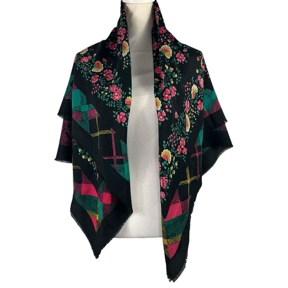 Large Floral Fringed Scarf Wrap Square Black Pink - Picture 1 of 6